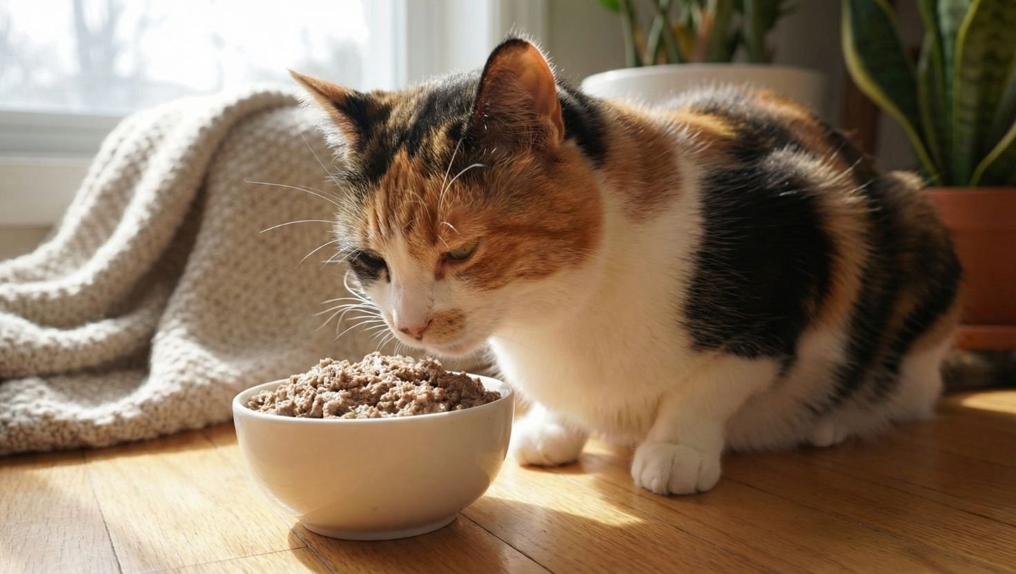 Calico cat eating soft fresh food from a bowl in a sunlit home setting