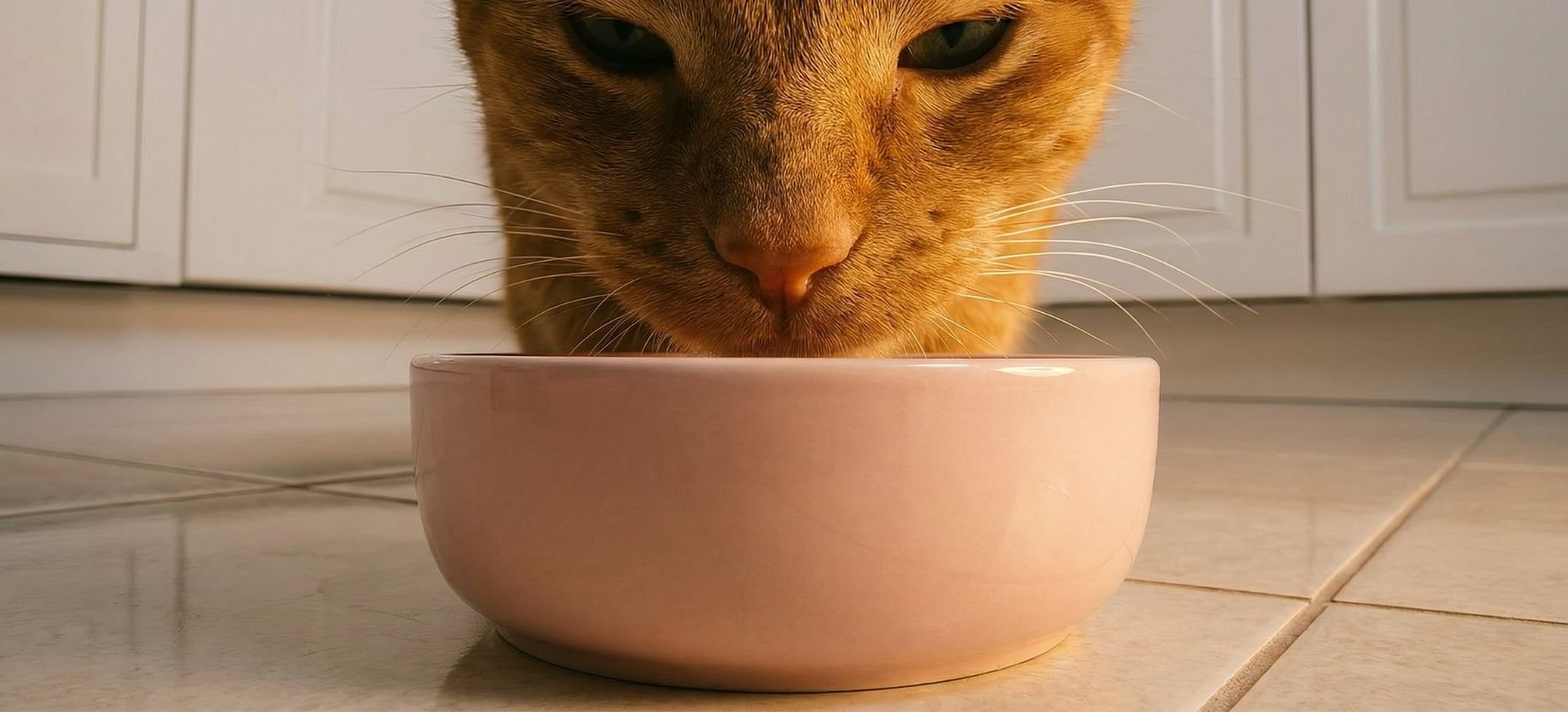 Close-up of an orange cat sniffing an empty bowl on a tiled kitchen floor