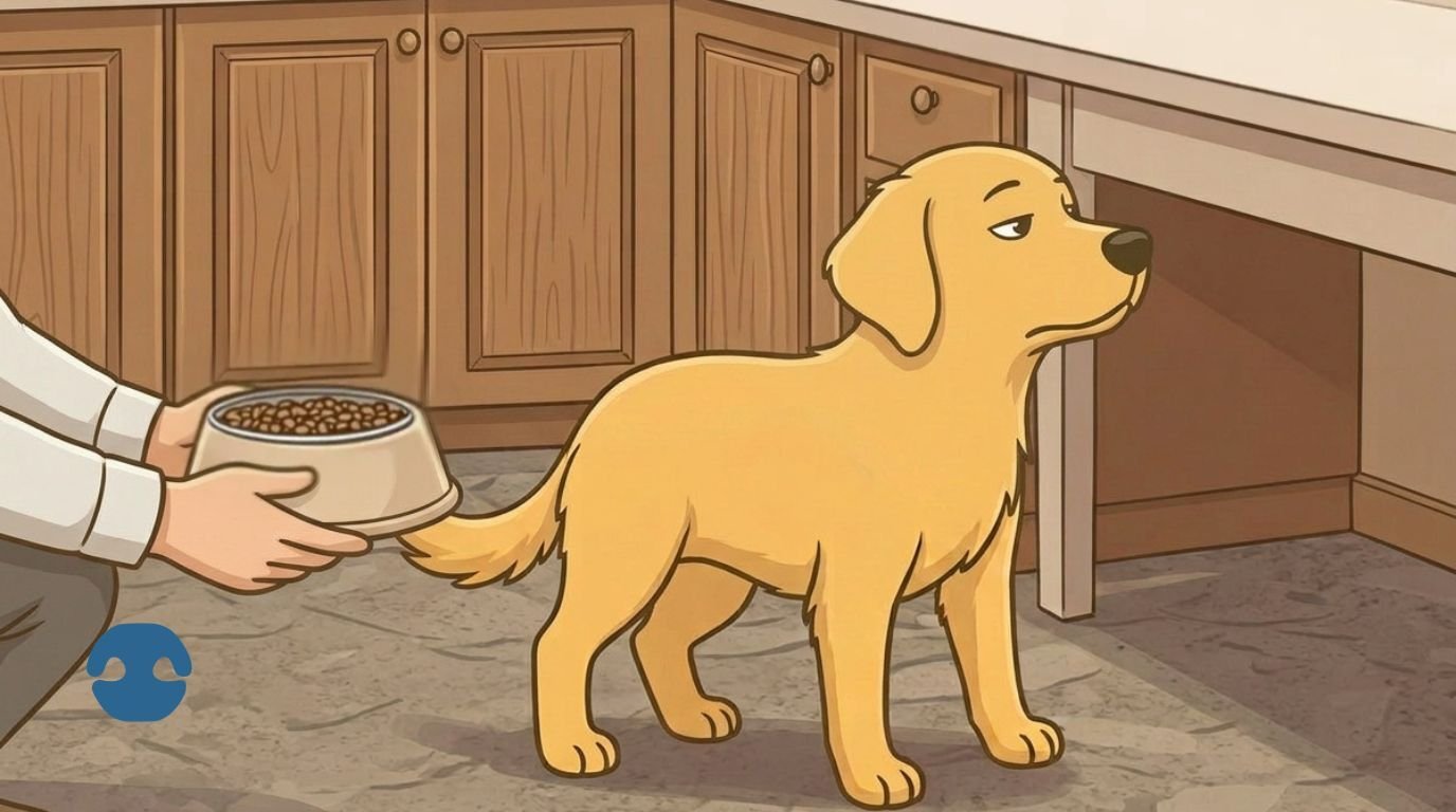 Cartoon dog ignoring food bowl in kitchen showing picky eating behaviour