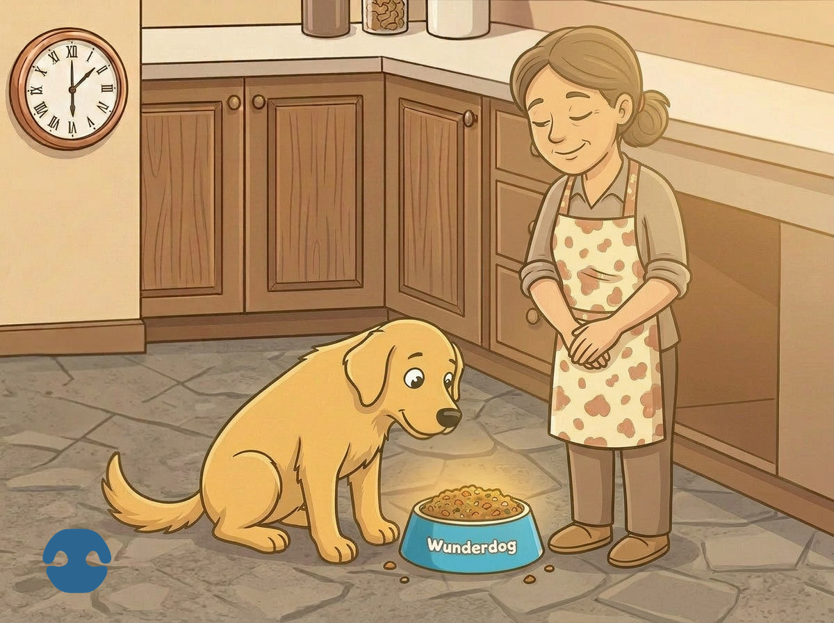 Dog eating from bowl while owner stands nearby calmly encouraging