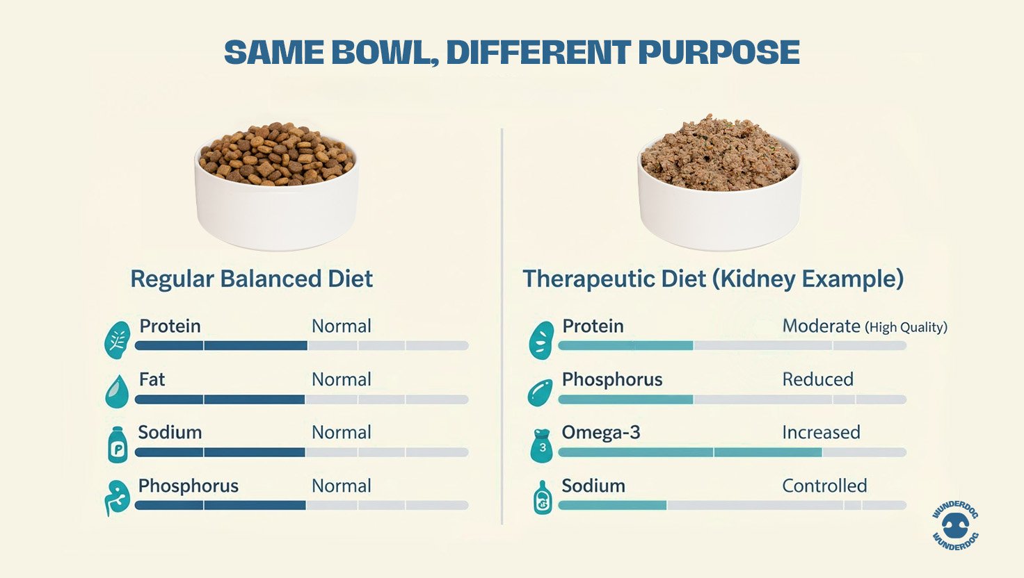 Comparison graphic showing regular balanced dog diet versus therapeutic kidney diet with adjusted protein, phosphorus, omega-3, and sodium levels.