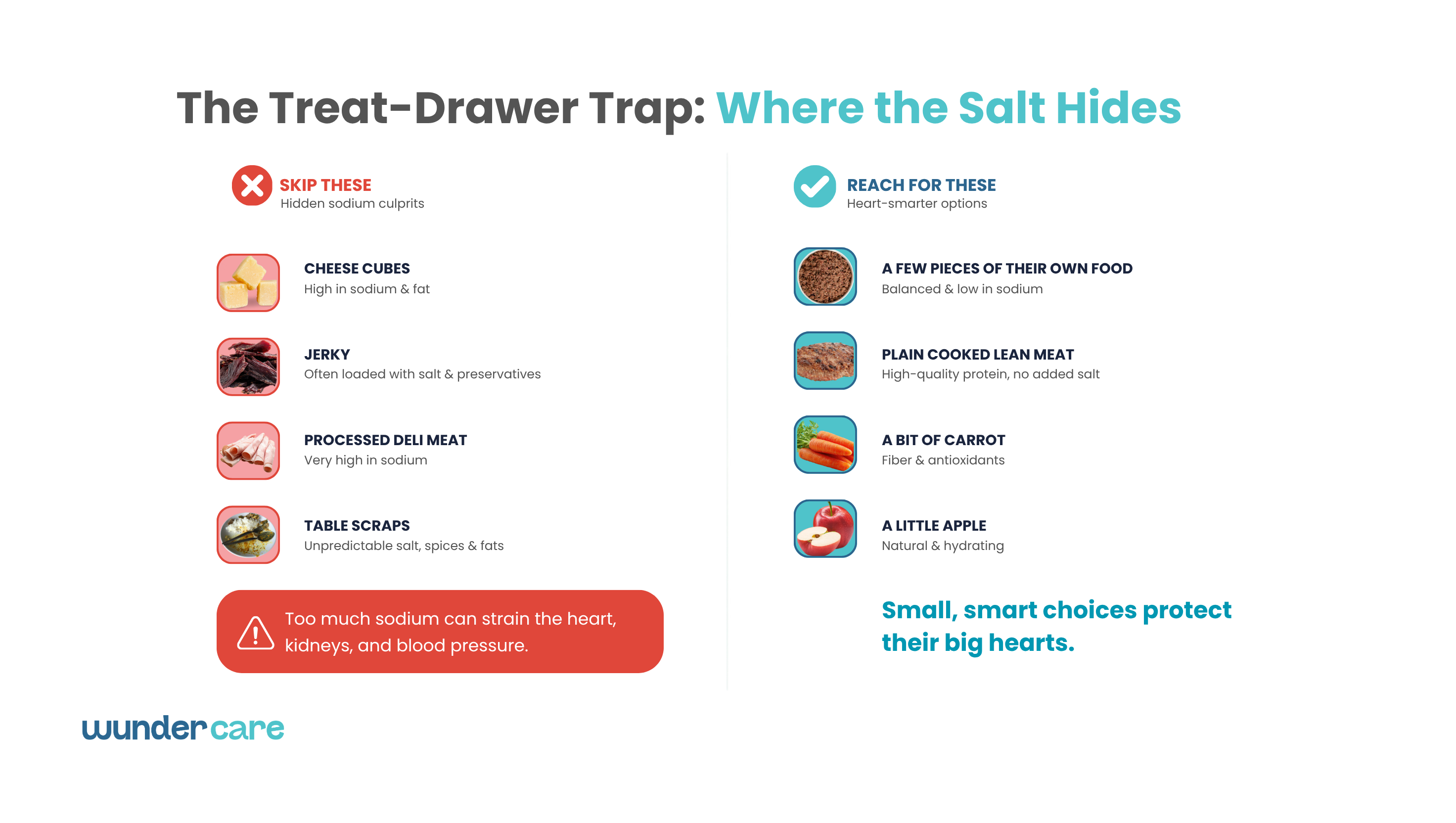 Infographic comparing high-sodium dog treats to healthier low-sodium alternatives for supporting heart health, including lean meat, carrots, apples and regular dog food.