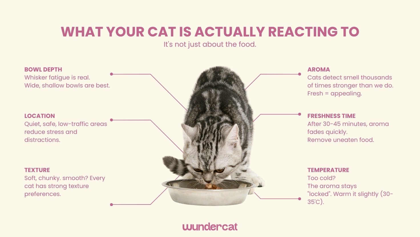 Silver tabby cat eating from a bowl with callouts explaining factors that affect food acceptance, including bowl depth, feeding location, texture, aroma, freshness, and temperature.