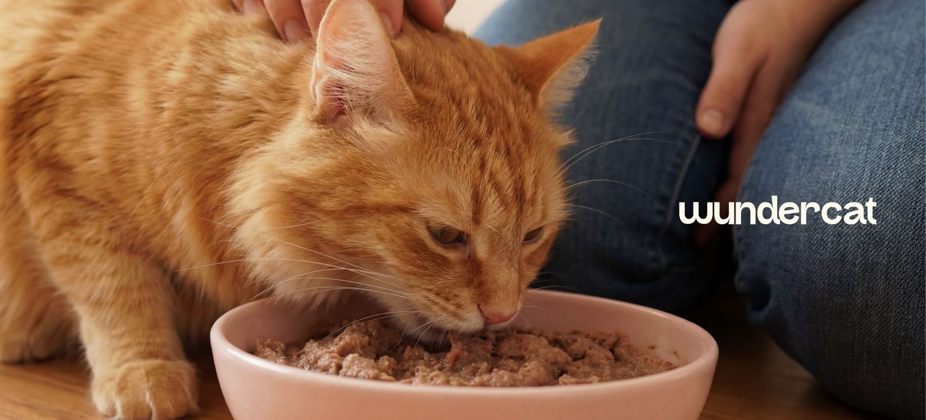 Orange cat eating fresh pâté-style food from a bowl at home with Wundercat branding visible
