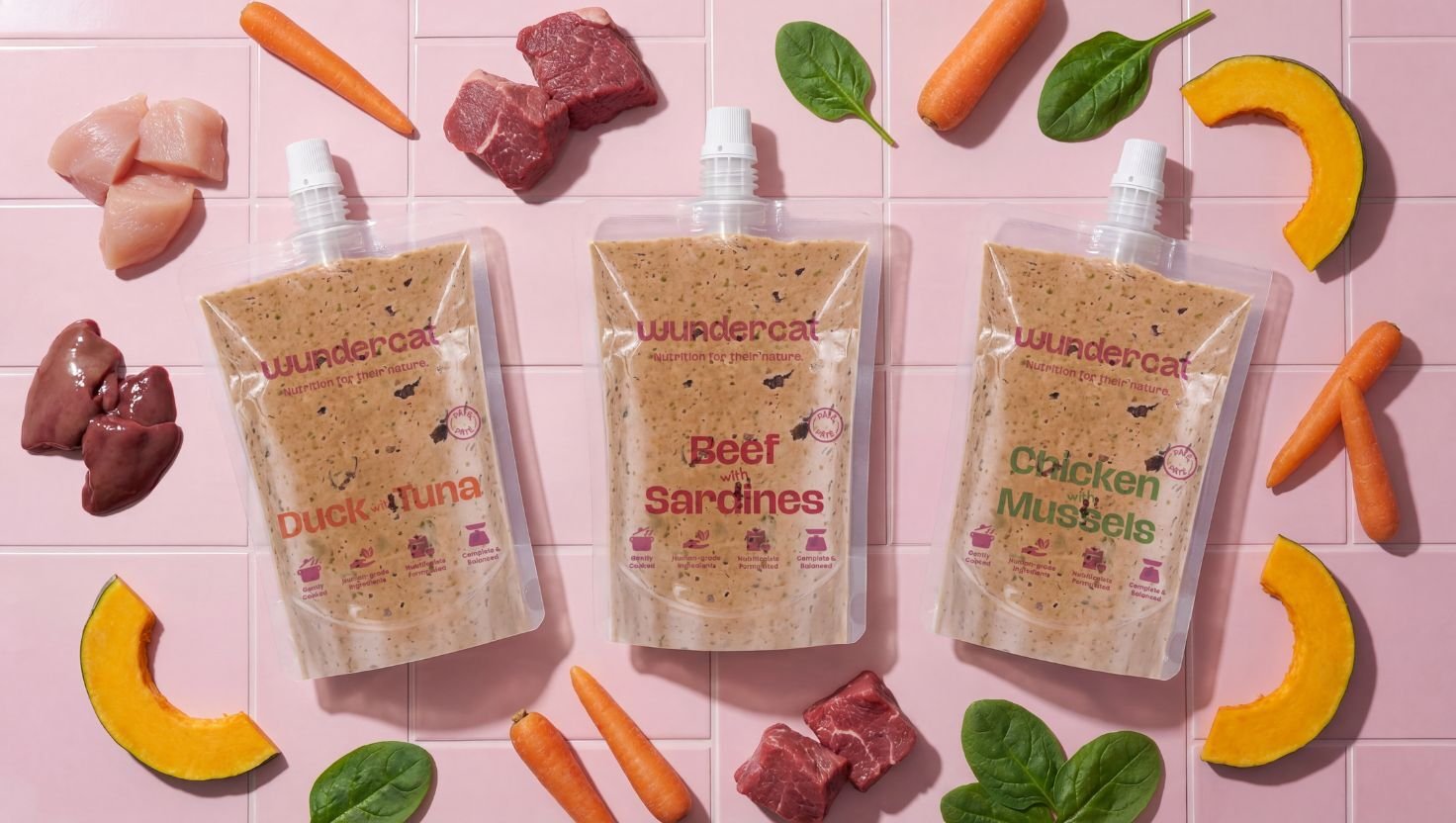 Wundercat fresh cat food pouches showing duck with tuna, beef with sardines, and chicken with mussels with whole ingredients on a pink background