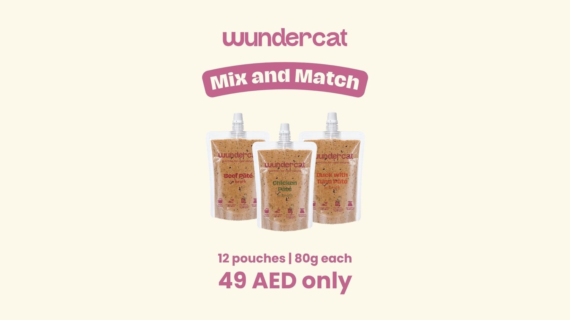 Wundercat Mix and Match fresh cat food bundle with Beef Pâté, Chicken Pâté and Duck with Tuna Pâté pouches in the UAE.
