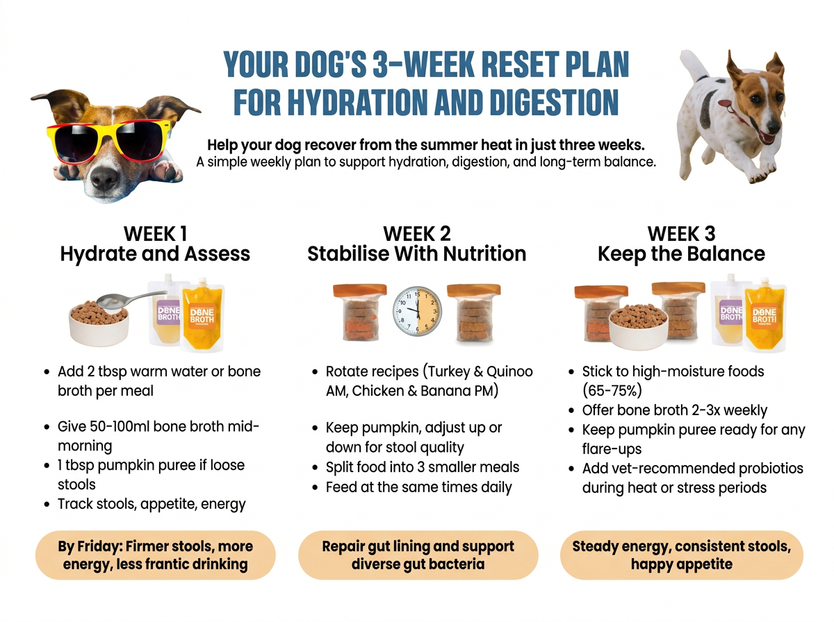 Timeline showing gut stabilisation over 14 days with consistent feeding