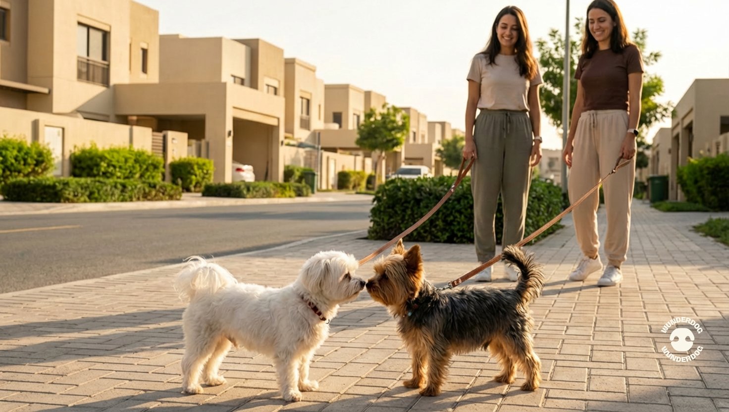 Two dogs meeting on a lead during a neighbourhood walk in the UAE, highlighting everyday dog socialisation and healthy routines.