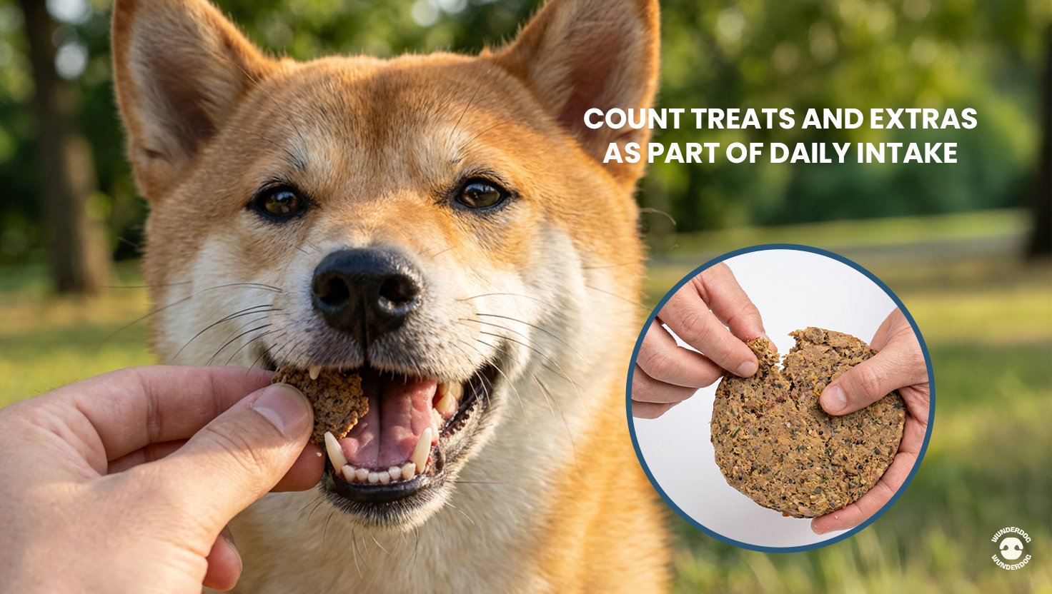 Dog being given a treat by hand, illustrating the importance of counting treats and extras as part of a dog’s daily food intake.