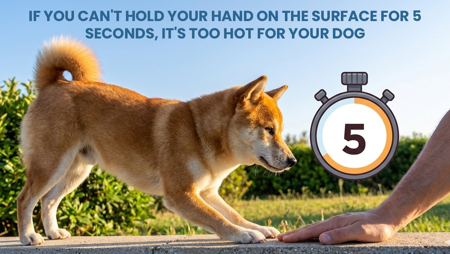 Dog approaching a pavement while a hand tests the surface temperature, demonstrating how to check if it is safe to walk dogs in hot conditions.