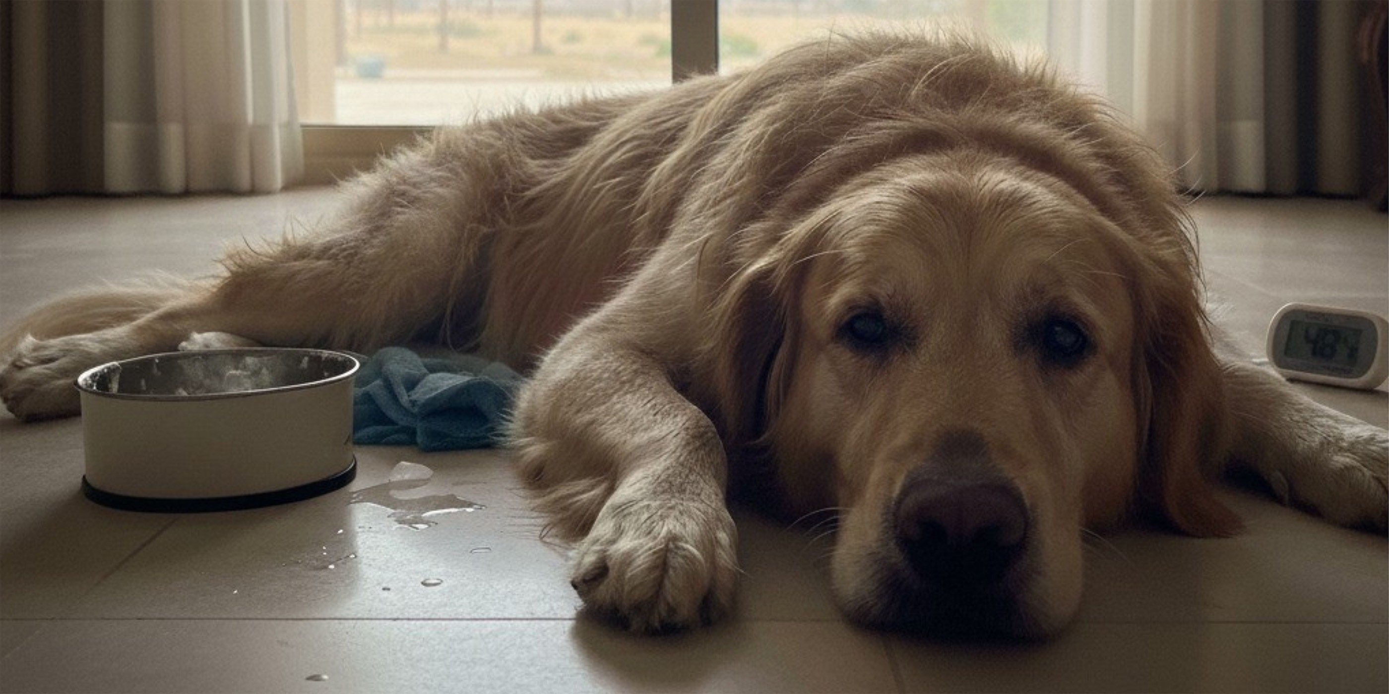 Dog digestive issues after UAE summer: tired golden retriever lying beside a water bowl, showing low energy and digestive discomfort.