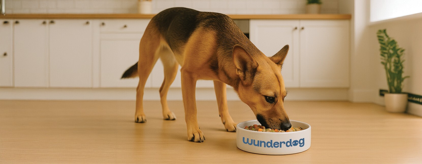 Dog enjoying a healthy meal from a Wunderdog bowl in a clean kitchen setting, highlighting nutritious and appealing real food for dogs designed for well-being.