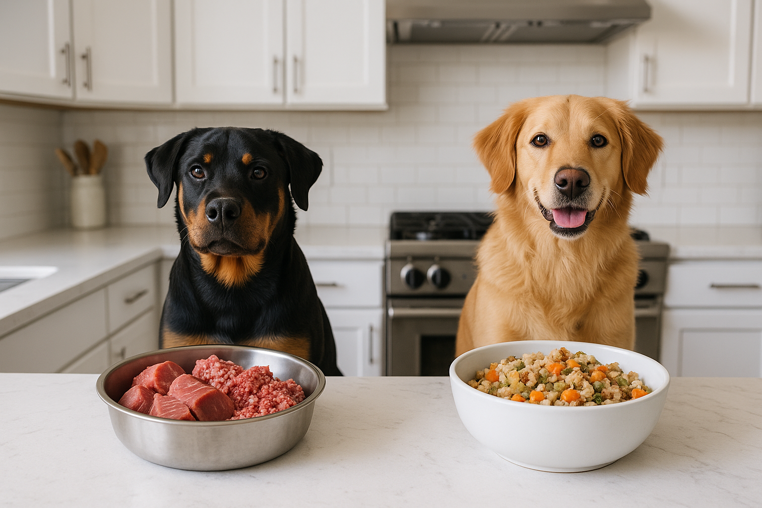 Two dogs in a modern kitchen: one Rottweiler beside a bowl of raw meat and one golden retriever beside a bowl of gently cooked food with vegetables.
