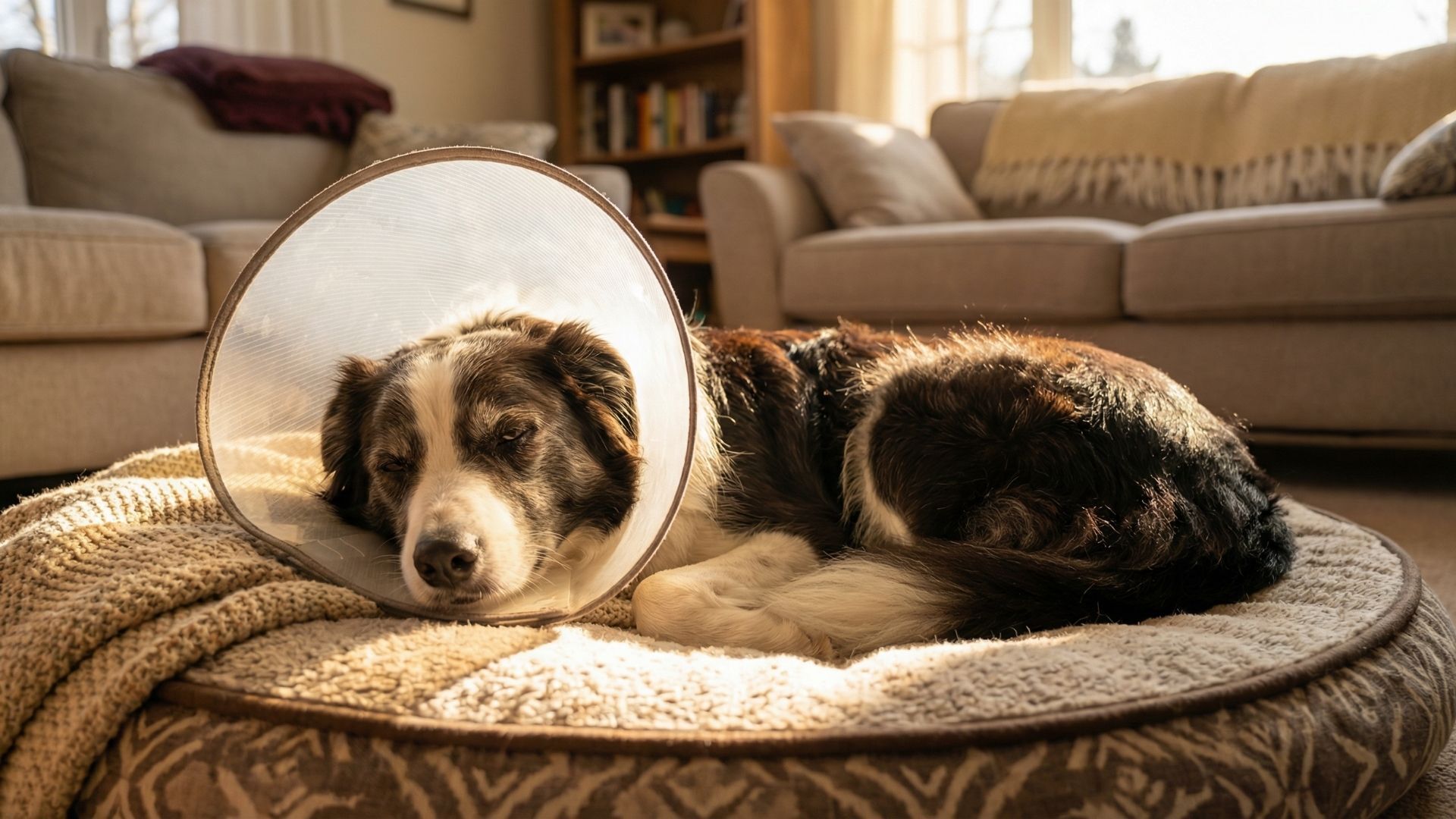 Dog wearing recovery cone resting at home after neutering surgery, representing post-operative nutrition care