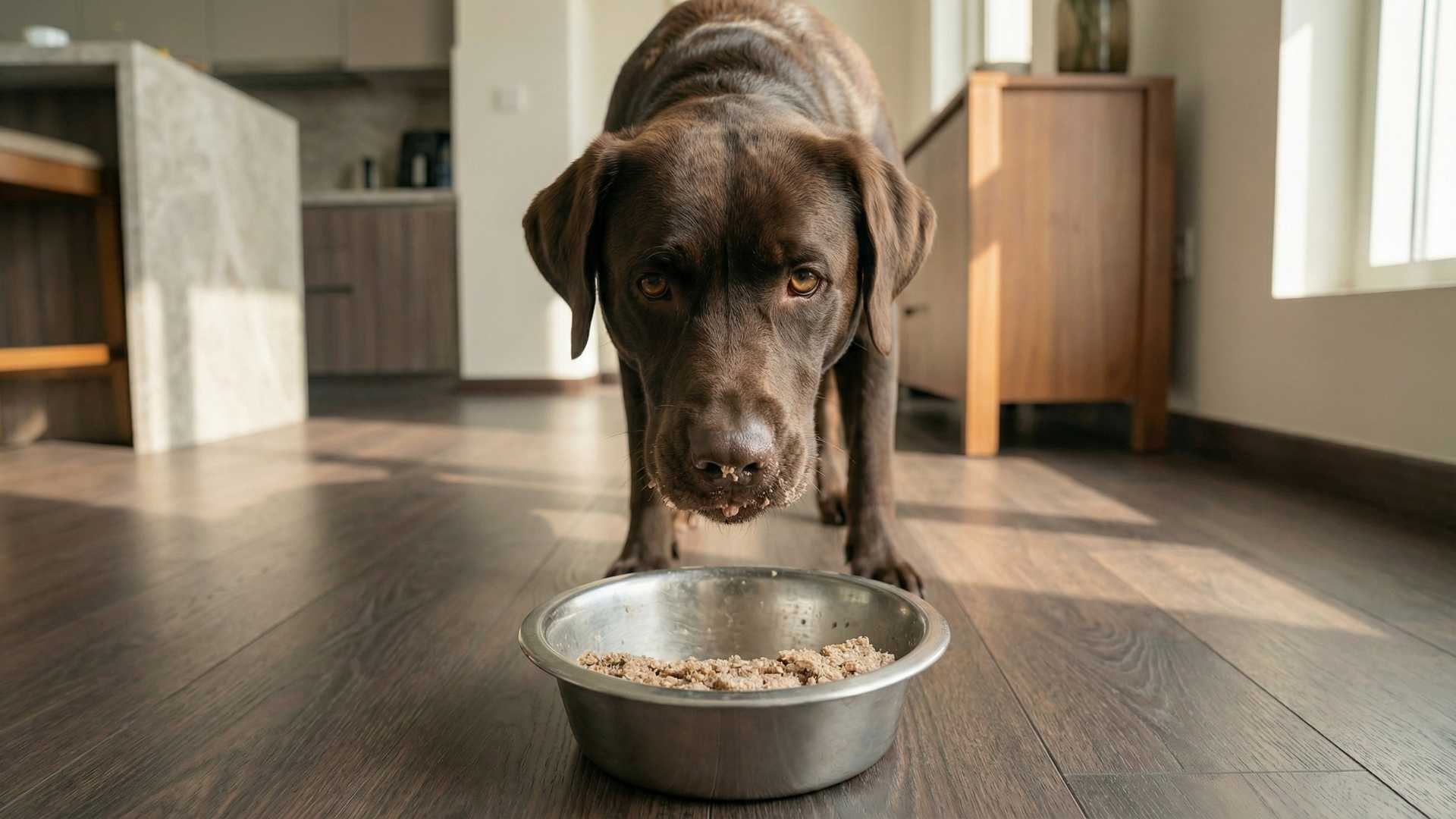 Labrador eating a novel protein meal from a bowl in a modern kitchen with warm natural light