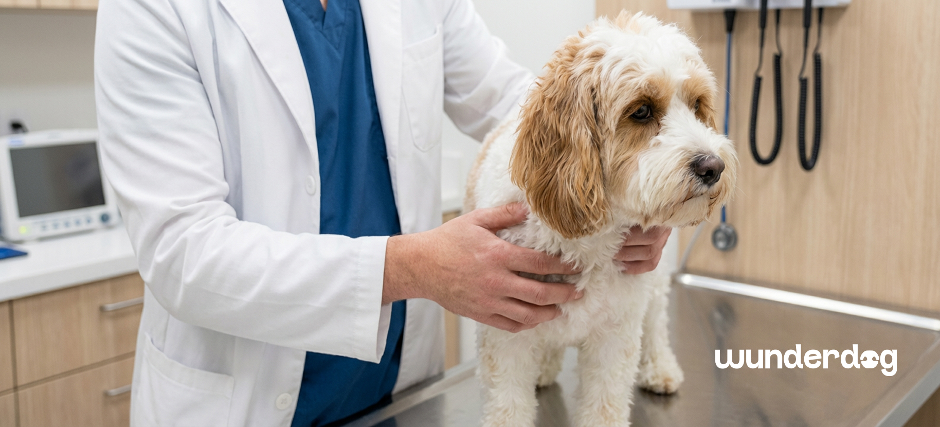 Veterinarian examining a small dog on a clinic table, Wunderdog banner image for recognising dog digestive symptoms and when to see a vet