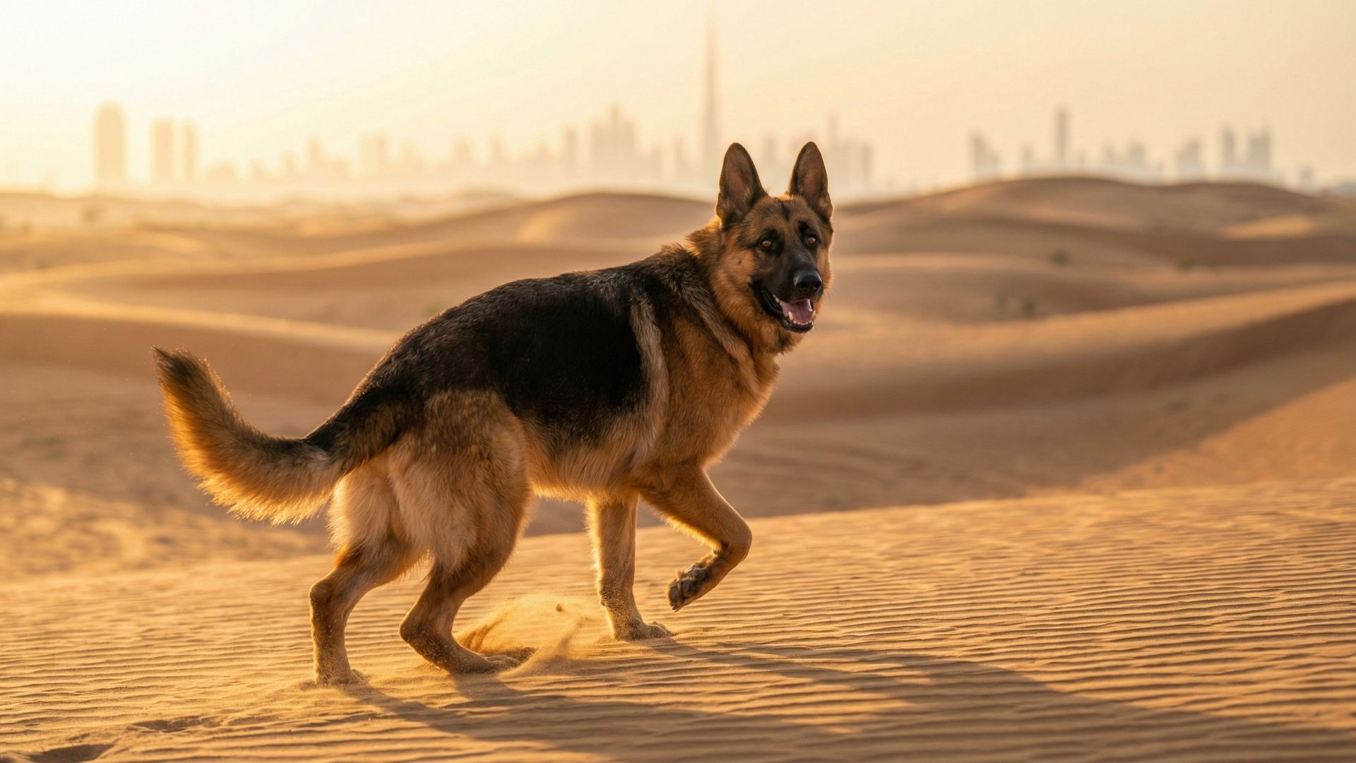 German Shepherd hiking in UAE desert terrain, illustrating weekend warrior exercise patterns that require nutritional periodisation for injury prevention