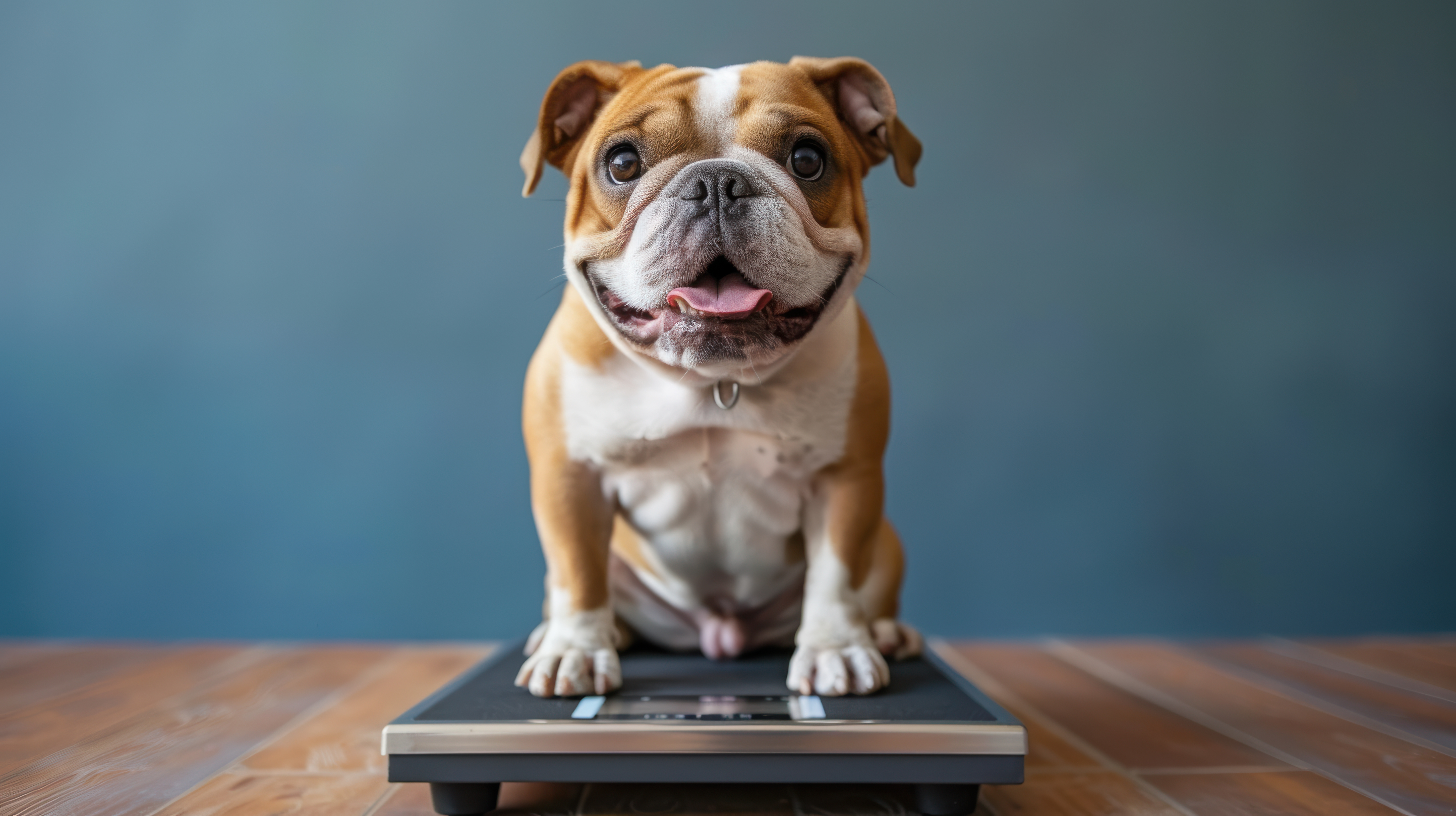 English Bulldog sitting on a weighing scale — symbolising the importance of Body Condition Score (BCS) in evaluating your dog’s true health beyond the number on the scale.
