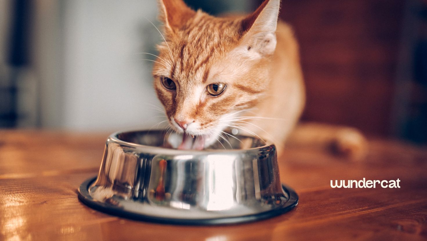Orange tabby cat eating fresh food from a stainless steel bowl at home during mealtime.