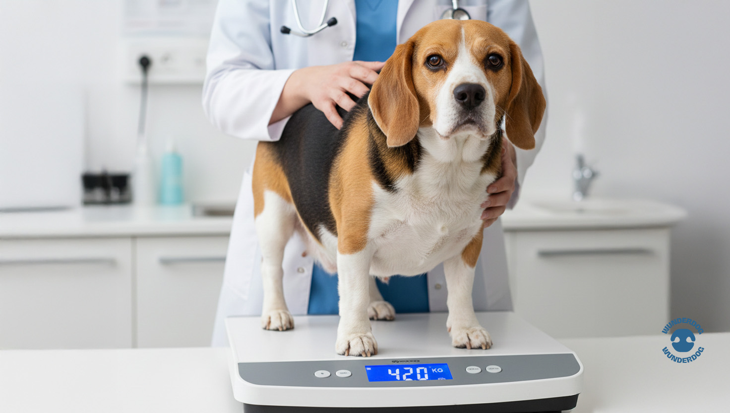 Dog standing on a veterinary scale during a weight check, illustrating obesity assessment and healthy weight monitoring for dogs in Dubai, UAE.