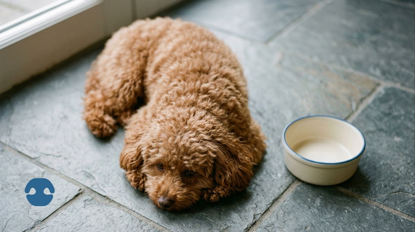 Small curly brown dog lying on the floor next to an empty food bowl, showing lack of interest