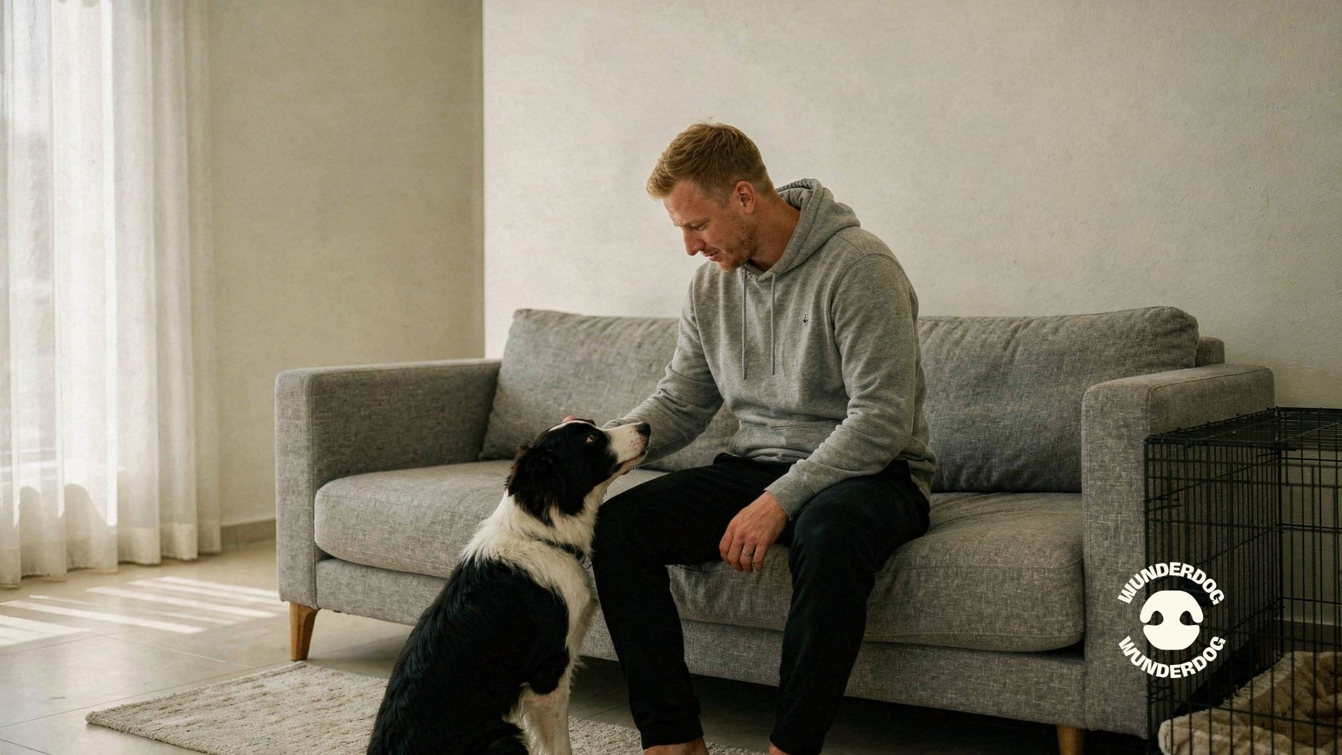 Dog owner sitting on a sofa gently comforting a calm dog at home in a quiet living room environment.