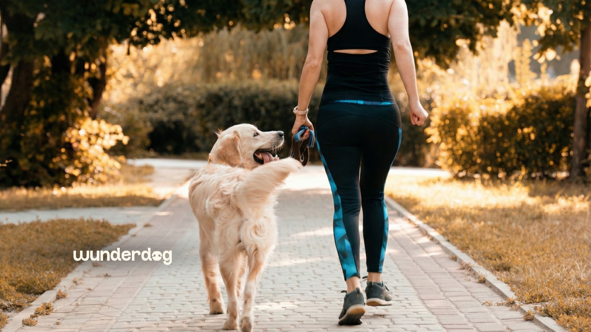 Woman walking golden retriever on leash during outdoor exercise representing dog weight management and New Year fitness goals with fresh dog food diet