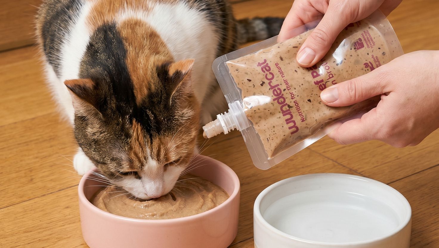 A calico cat eating a freshly served Wundercat meal while a person squeezes gently cooked fresh cat food from a Wundercat pouch into a bowl beside a bowl of water, demonstrating how to serve thawed fresh cat food safely.