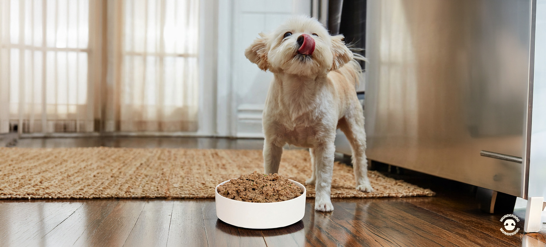 Small white dog licking its lips next to a bowl of fresh dog food in a kitchen, Wunderdog logo in the corner.