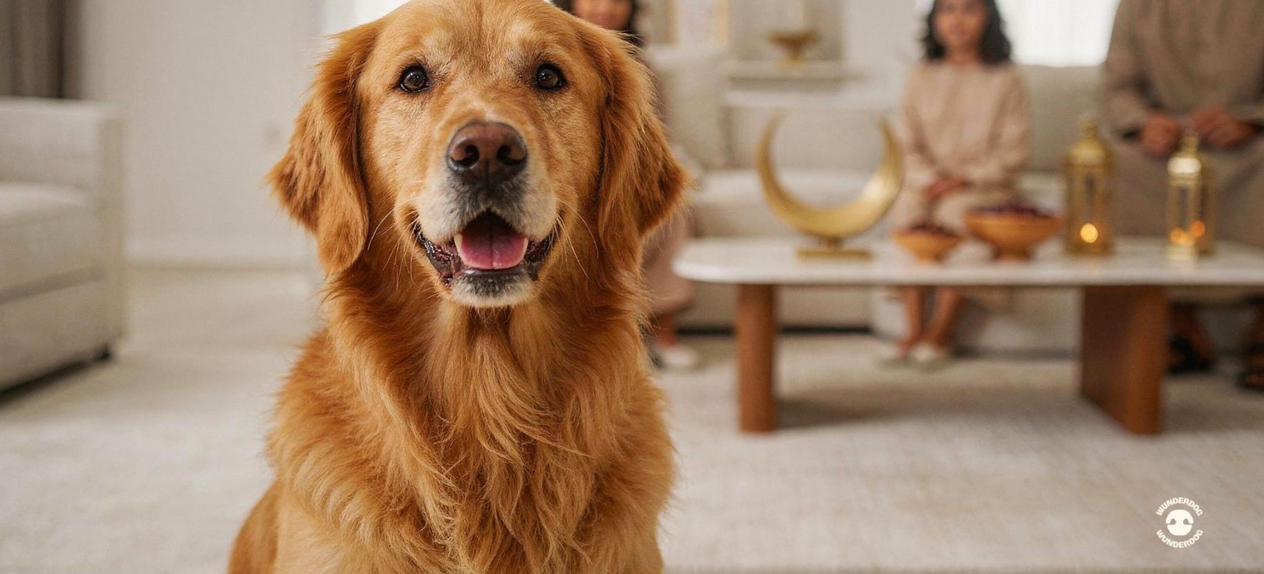 Golden retriever sitting indoors with a family in the background during an evening gathering, Ramadan-inspired home setting.