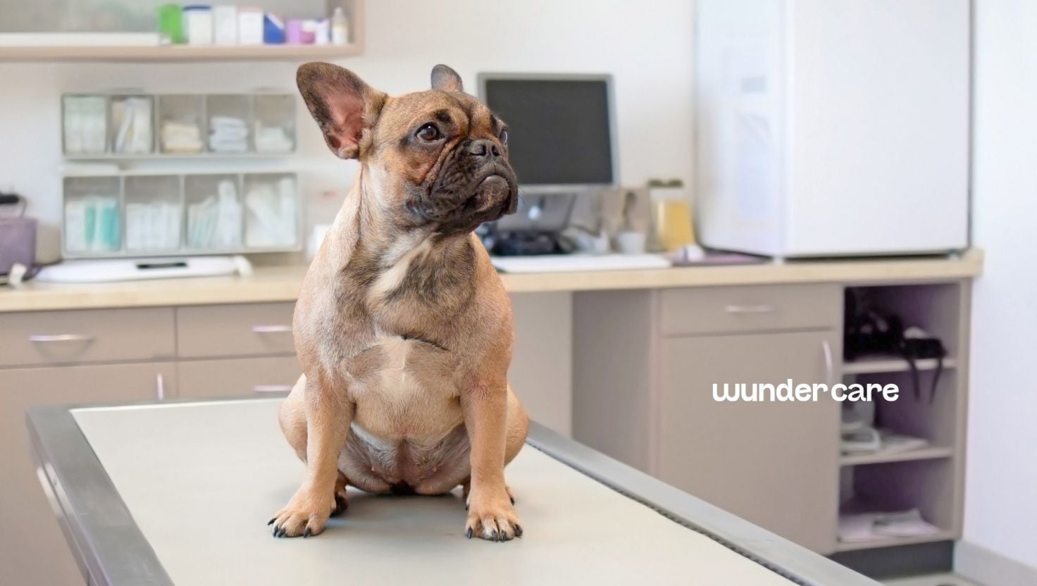 French Bulldog sitting on a veterinary exam table during a check-up, representing heart health monitoring in dogs